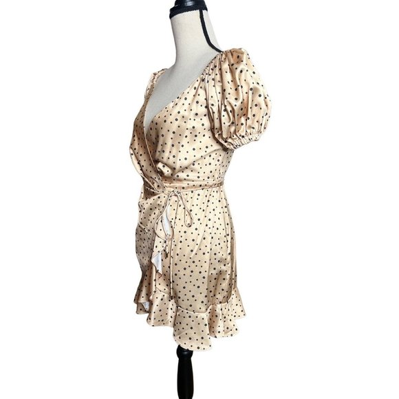 Significant Other Dress Womens 2 Nyssa Polka Dot Mini Wrap Beige Black Ruffle - Picture 3 of 7